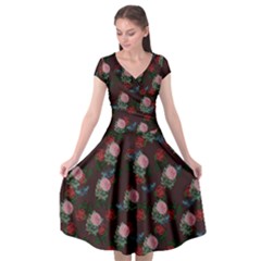 Dark Floral Butterfly Burgundy Cap Sleeve Wrap Front Dress