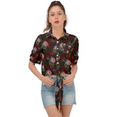 Dark Floral Butterfly Burgundy Tie Front Shirt 