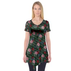 Dark Floral Butterfly Teal Bats Lip Green Short Sleeve Tunic 