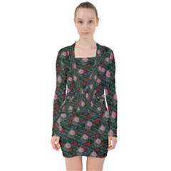 Dark Floral Butterfly Teal Bats Lip Green V-neck Bodycon Long Sleeve Dress