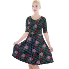 Dark Floral Butterfly Teal Bats Lip Green Quarter Sleeve A-Line Dress