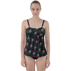 Dark Floral Butterfly Teal Bats Lip Green Twist Front Tankini Set