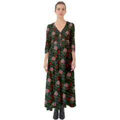 Dark Floral Butterfly Teal Bats Lip Green Button Up Boho Maxi Dress