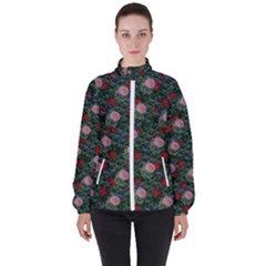 Dark Floral Butterfly Teal Bats Lip Green Women s High Neck Windbreaker