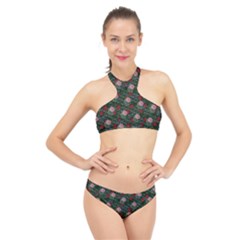 Dark Floral Butterfly Teal Bats Lip Green High Neck Bikini Set