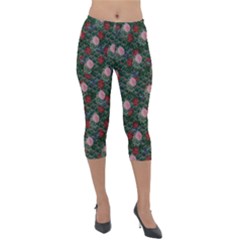 Dark Floral Butterfly Teal Bats Lip Green Lightweight Velour Capri Leggings 