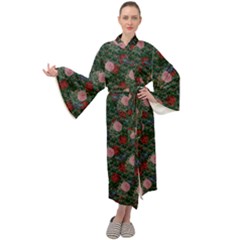 Dark Floral Butterfly Teal Bats Lip Green Maxi Velour Kimono