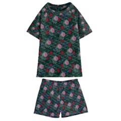 Dark Floral Butterfly Teal Bats Lip Green Kids  Swim Tee and Shorts Set