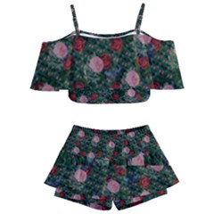 Dark Floral Butterfly Teal Bats Lip Green Kids  Off Shoulder Skirt Bikini