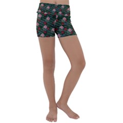 Dark Floral Butterfly Teal Bats Lip Green Kids  Lightweight Velour Yoga Shorts