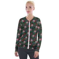 Dark Floral Butterfly Teal Bats Lip Green Velour Zip Up Jacket