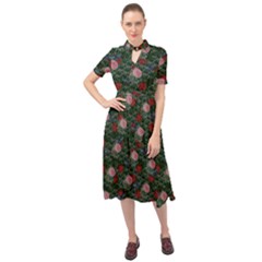 Dark Floral Butterfly Teal Bats Lip Green Keyhole Neckline Chiffon Dress