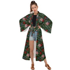 Dark Floral Butterfly Teal Bats Lip Green Maxi Kimono