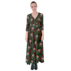 Dark Floral Butterfly Teal Bats Lip Green Button Up Maxi Dress