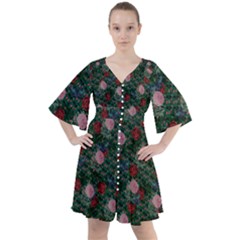 Dark Floral Butterfly Teal Bats Lip Green Boho Button Up Dress