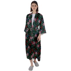 Dark Floral Butterfly Teal Bats Lip Green Maxi Satin Kimono