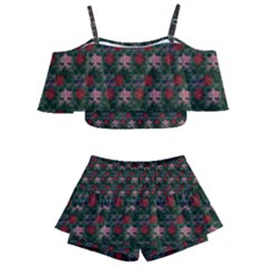 Dark Floral Butterfly Teal Bats Lip Green Small Kids  Off Shoulder Skirt Bikini by snowwhitegirl