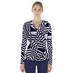 Black And White Crazy Pattern V-neck Long Sleeve Top by Sobalvarro