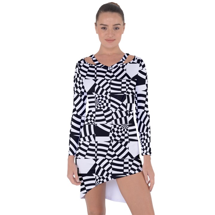 Black And White Crazy Pattern Asymmetric Cut-Out Shift Dress