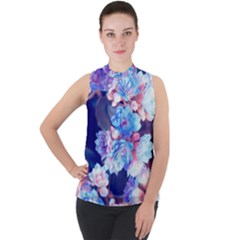 Flowers Mock Neck Chiffon Sleeveless Top by Sparkle