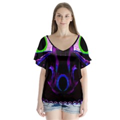 Demon Ethnic Mask Extreme Close Up Illustration V-neck Flutter Sleeve Top by dflcprintsclothing