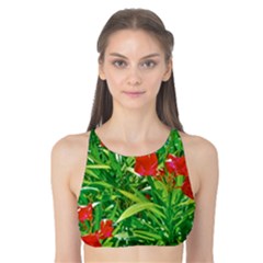 Red Flowers And Green Plants At Outdoor Garden Tank Bikini Top by dflcprintsclothing