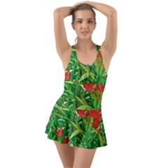 Red Flowers And Green Plants At Outdoor Garden Ruffle Top Dress Swimsuit