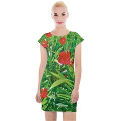 Red Flowers And Green Plants At Outdoor Garden Cap Sleeve Bodycon Dress by dflcprintsclothing