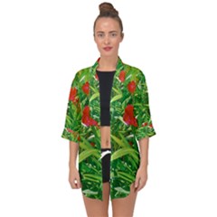 Red Flowers And Green Plants At Outdoor Garden Open Front Chiffon Kimono by dflcprintsclothing