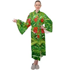 Red Flowers And Green Plants At Outdoor Garden Maxi Velour Kimono by dflcprintsclothing
