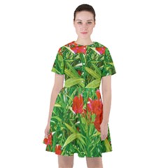 Red Flowers And Green Plants At Outdoor Garden Sailor Dress by dflcprintsclothing