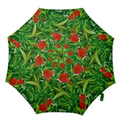 Red Flowers And Green Plants At Outdoor Garden Hook Handle Umbrellas (small) by dflcprintsclothing