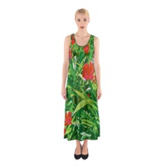 Red Flowers And Green Plants At Outdoor Garden Sleeveless Maxi Dress
