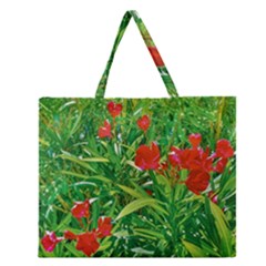 Red Flowers And Green Plants At Outdoor Garden Zipper Large Tote Bag by dflcprintsclothing