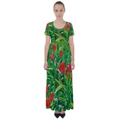Red Flowers And Green Plants At Outdoor Garden High Waist Short Sleeve Maxi Dress by dflcprintsclothing