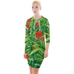 Red Flowers And Green Plants At Outdoor Garden Quarter Sleeve Hood Bodycon Dress by dflcprintsclothing