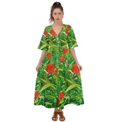 Red Flowers And Green Plants At Outdoor Garden Kimono Sleeve Boho Dress by dflcprintsclothing