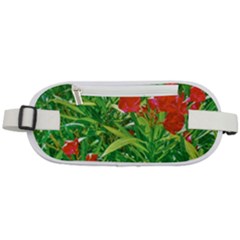 Red Flowers And Green Plants At Outdoor Garden Rounded Waist Pouch by dflcprintsclothing