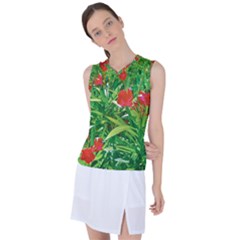 Red Flowers And Green Plants At Outdoor Garden Women s Sleeveless Sports Top by dflcprintsclothing