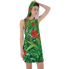 Red Flowers And Green Plants At Outdoor Garden Racer Back Hoodie Dress by dflcprintsclothing
