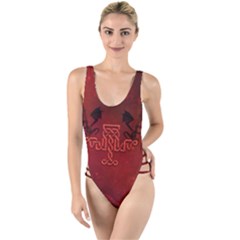 Decorative Celtic Knot With Dragon High Leg Strappy Swimsuit