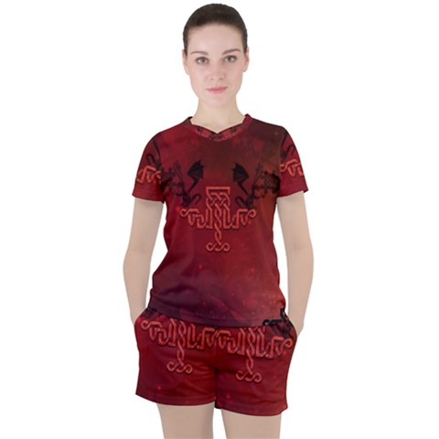 Decorative Celtic Knot With Dragon Women s Tee And Shorts Set by FantasyWorld7