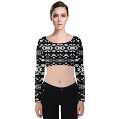 Black And White Modern Ornate Stripes Design Velvet Long Sleeve Crop Top by dflcprintsclothing