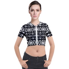 Black And White Modern Ornate Stripes Design Short Sleeve Cropped Jacket by dflcprintsclothing