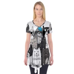 Cute Cat Hand Drawn Cartoon Style Short Sleeve Tunic 