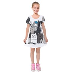 Cute Cat Hand Drawn Cartoon Style Kids  Short Sleeve Velvet Dress by Vaneshart