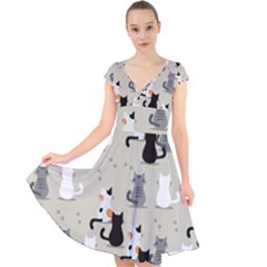 Cute Cat Seamless Pattern Cap Sleeve Front Wrap Midi Dress by Vaneshart