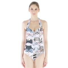 Cute Cat Couple Seamless Pattern Cartoon Halter Swimsuit