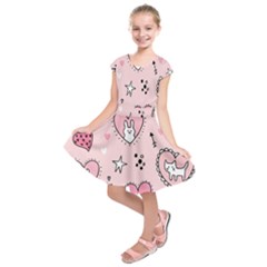 Cartoon Cute Valentines Day Doodle Heart Love Flower Seamless Pattern Vector Kids  Short Sleeve Dress