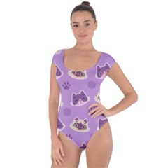 Cute Colorful Cat Kitten With Paw Yarn Ball Seamless Pattern Short Sleeve Leotard  by Vaneshart